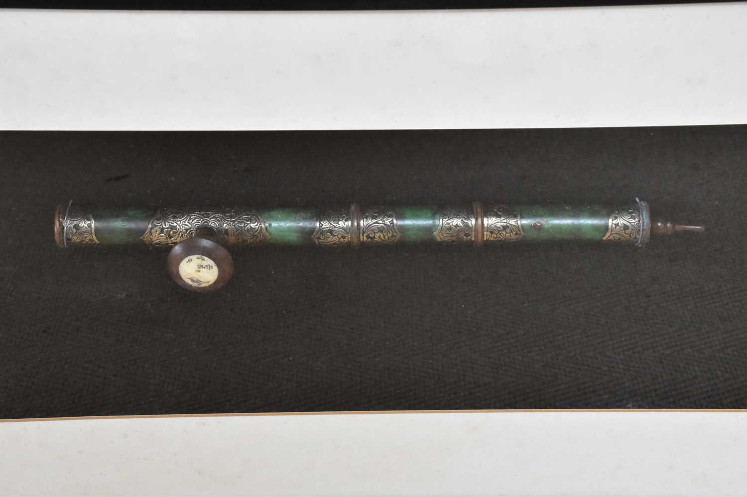 A resin and white metal mounted opium pipe, together with a mother of pearl example, both framed and - Image 2 of 4