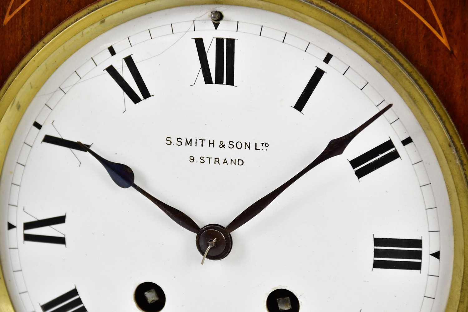 S SMITH & SONS LTD, LONDON; an Edwardian inlaid mahogany arch topped mantel clock with four brass - Image 3 of 6