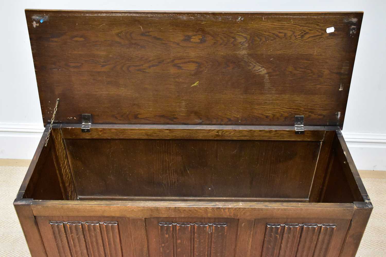 A 1950s oak blanket chest with linen fold decoration to the front, width 113cm, depth 43cm, height - Image 2 of 3