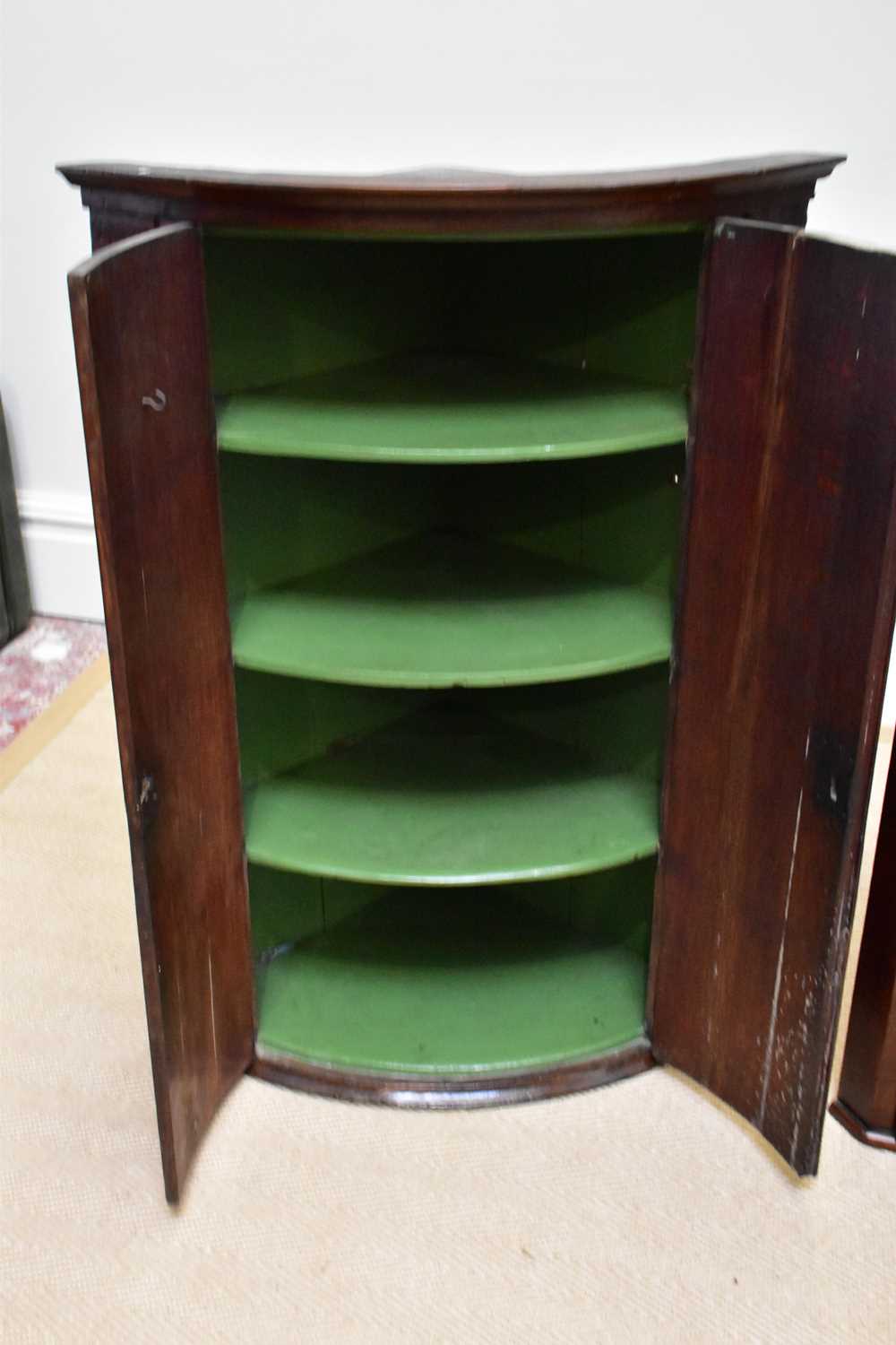 A Georgian oak corner cupboard, height 95cm, width 67cm, depth 46cm,and a similar smaller example - Image 2 of 4