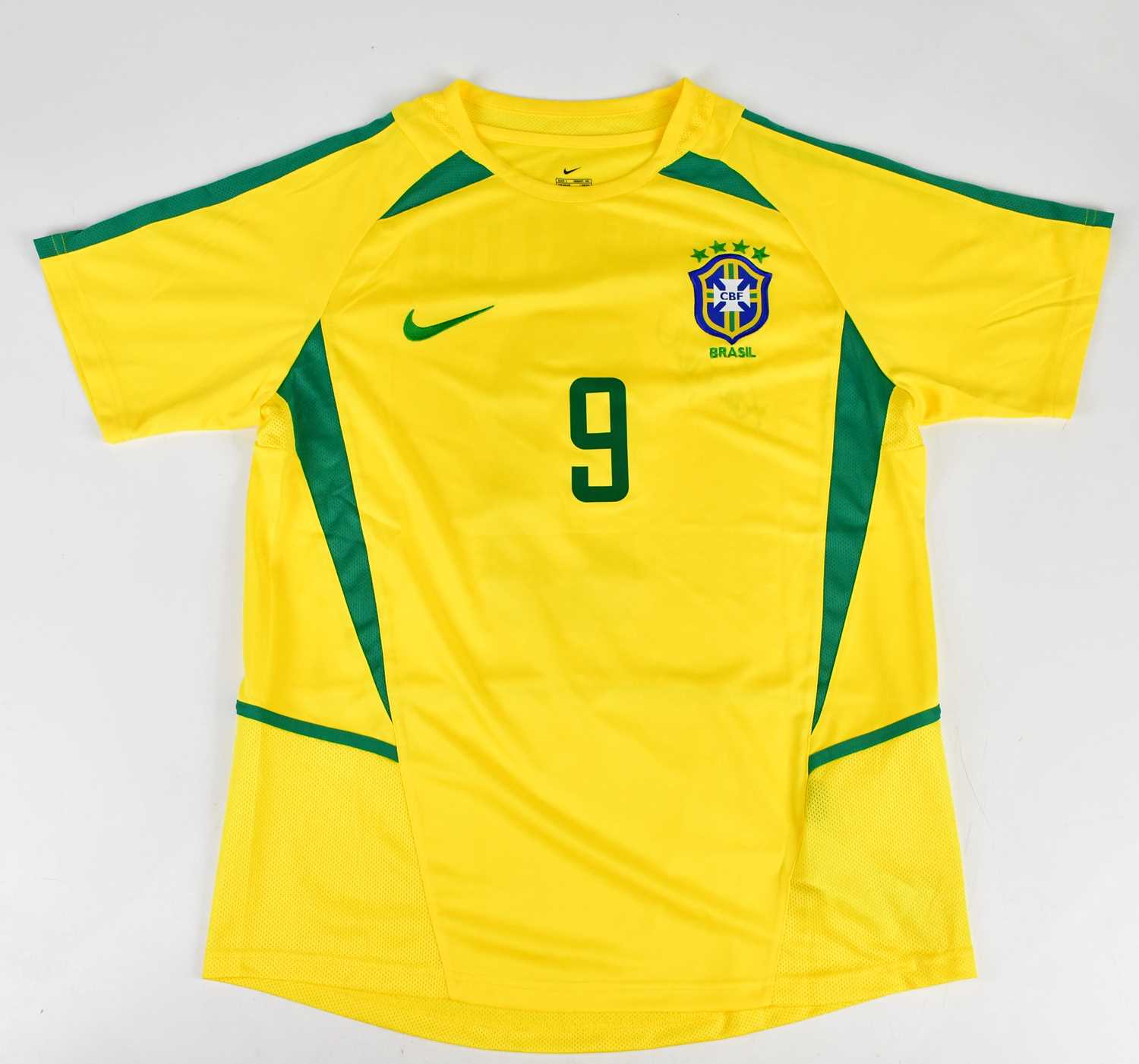 RONALDO (R9); a signed 2002 retro style Brazil football shirt, signed to the reverse, size L.