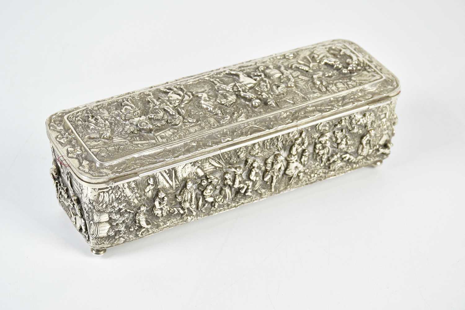 A Continental white metal casket of rectangular form embossed with tavern scenes and figures on - Bild 6 aus 6