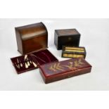 An early 20th century dome topped stationery cabinet, a porcupine quill box, a Japanese tea caddy