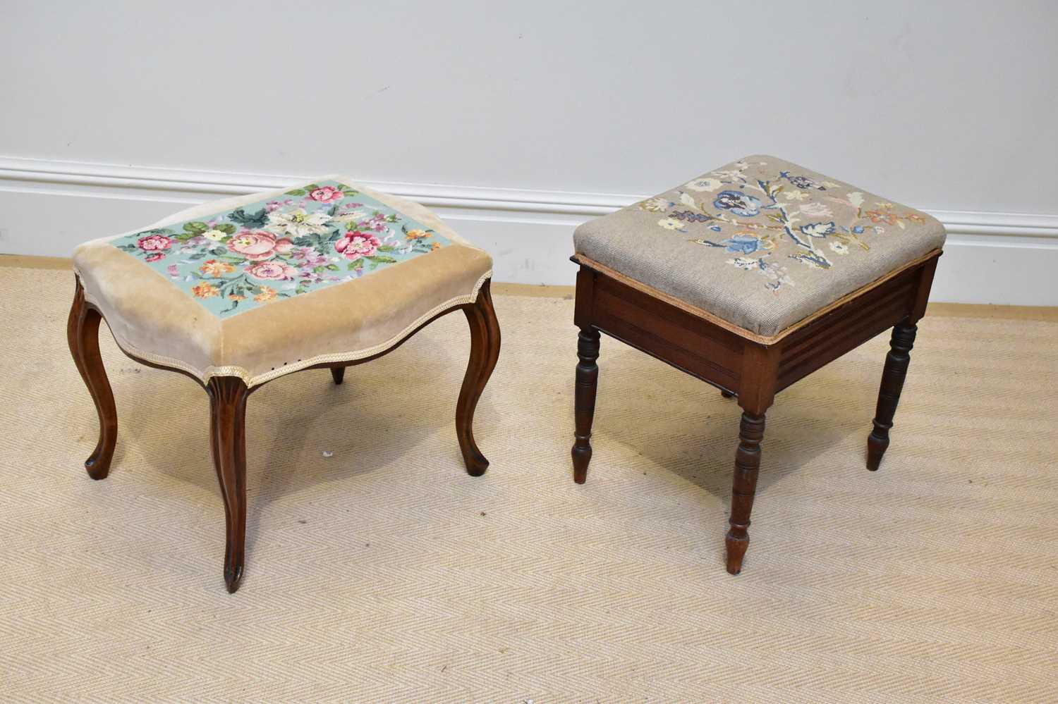 A Victorian walnut serpentine stool, on cabriole legs, height 44cm, with an Edwardian piano stool (