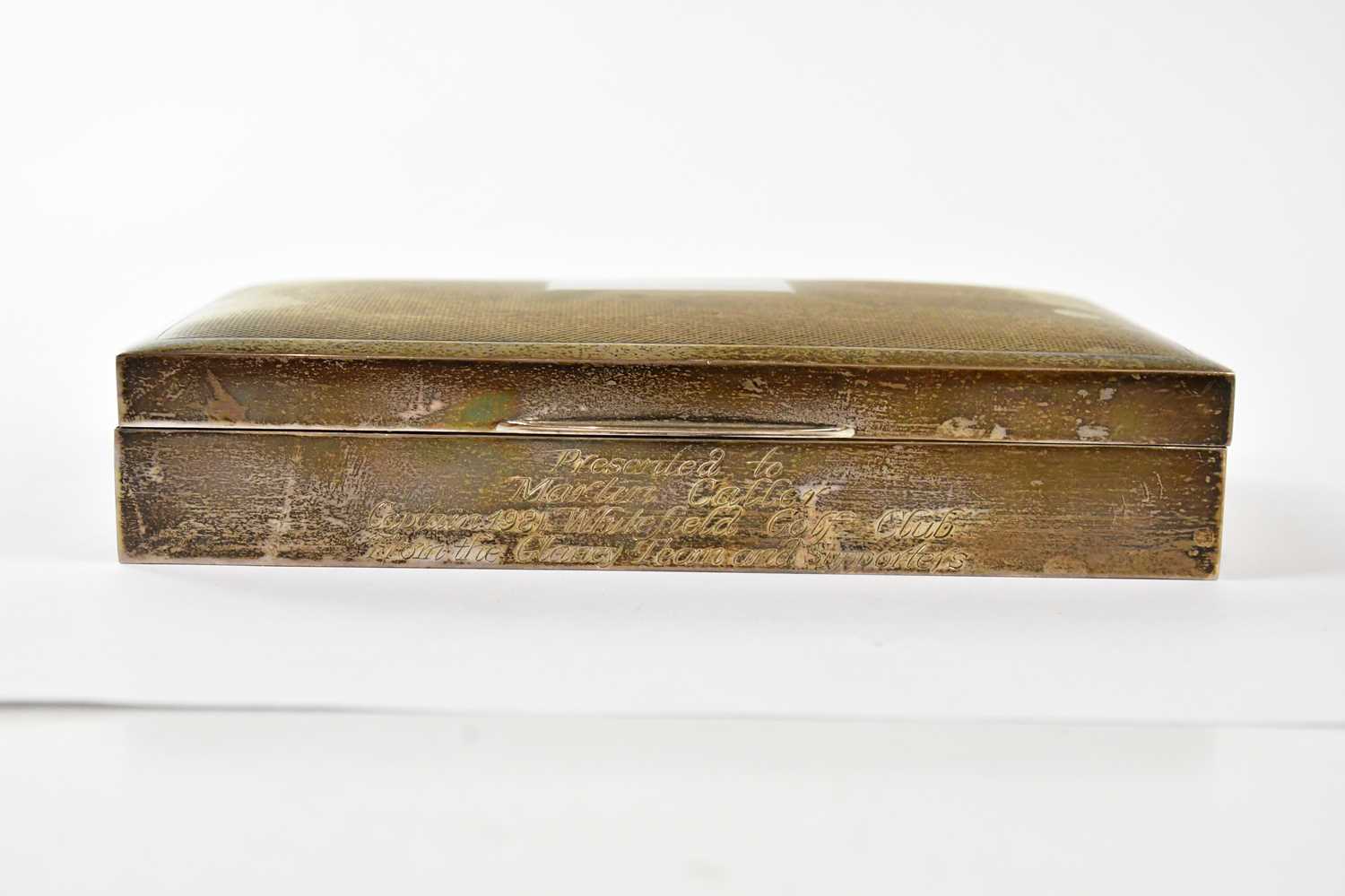 HARMAN BROS; an Elizabeth II hallmarked silver wood lined cigarette box, inscribed 'Presented to - Image 3 of 4