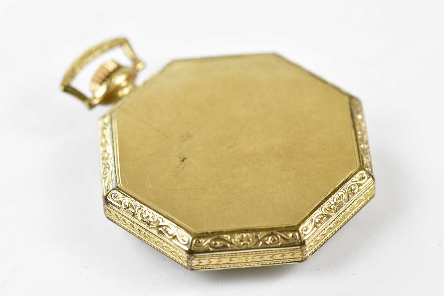 WALTHAM; a gold plated octagonal slimline pocket watch, diameter 4.25cm. Condition Report: - Image 3 of 3