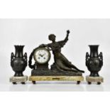 An early 20th century three piece clock garniture, comprising a cast spelter figural clock