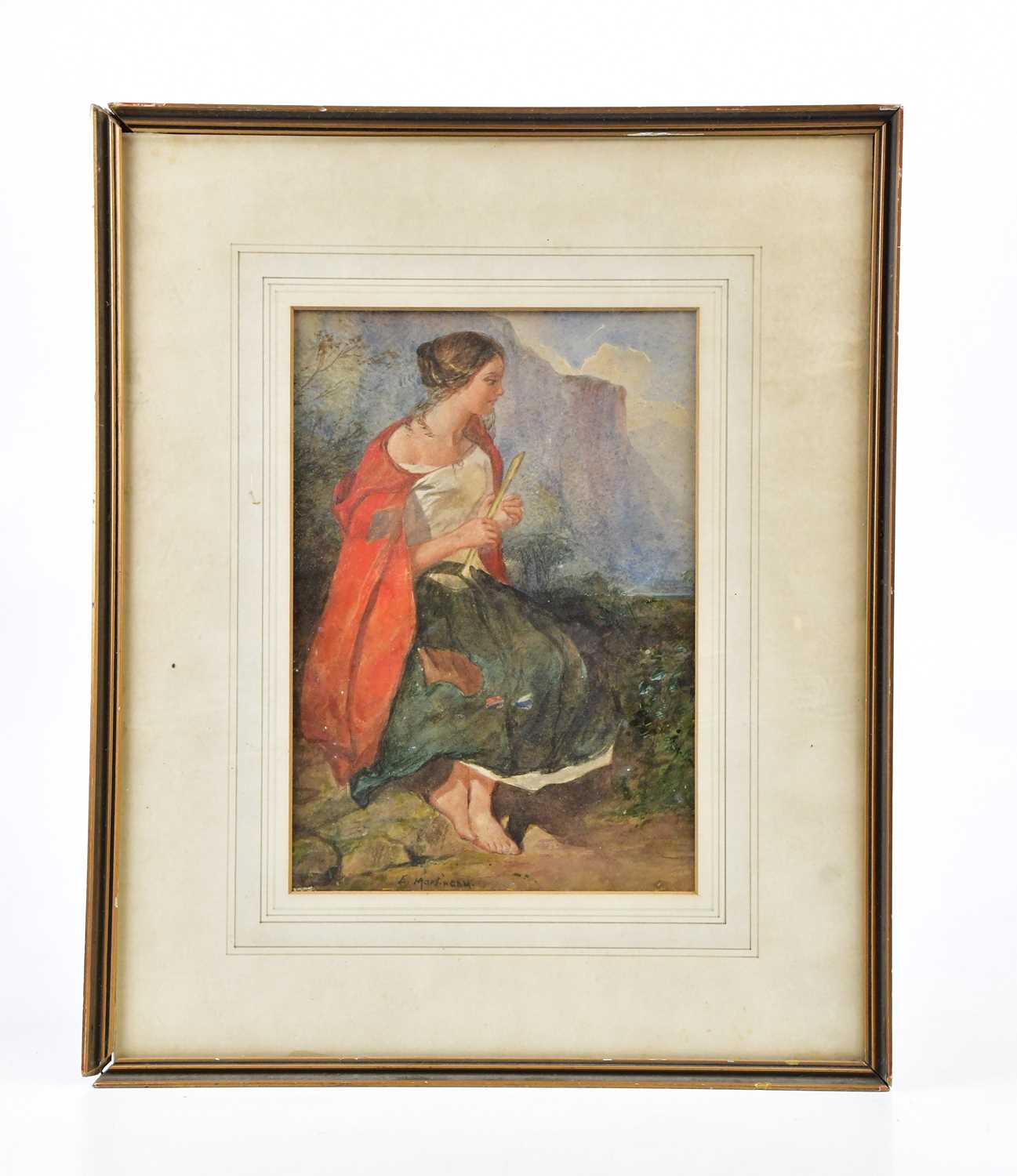 ATTRIBUTED TO EDITH MARTINEAU (1842-1909); watercolour, seated lady playing flute, bears