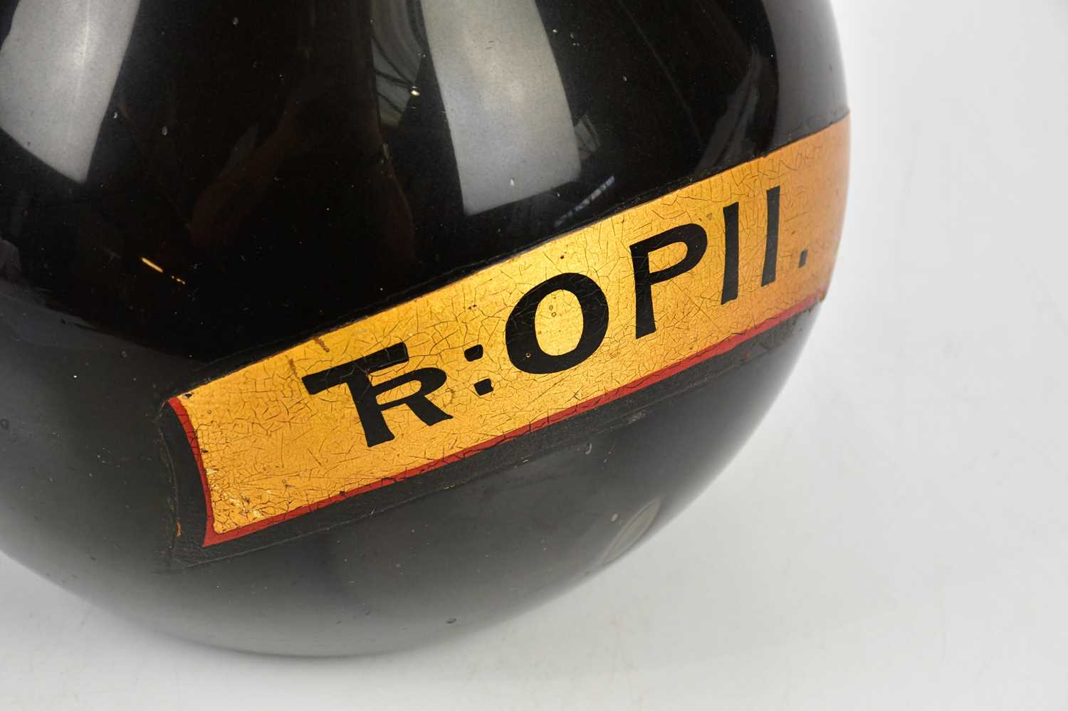 A Victorian black glass pharmaceutical bottle with gilt label 'TR:OPII', height 30cm. Condition - Image 4 of 4