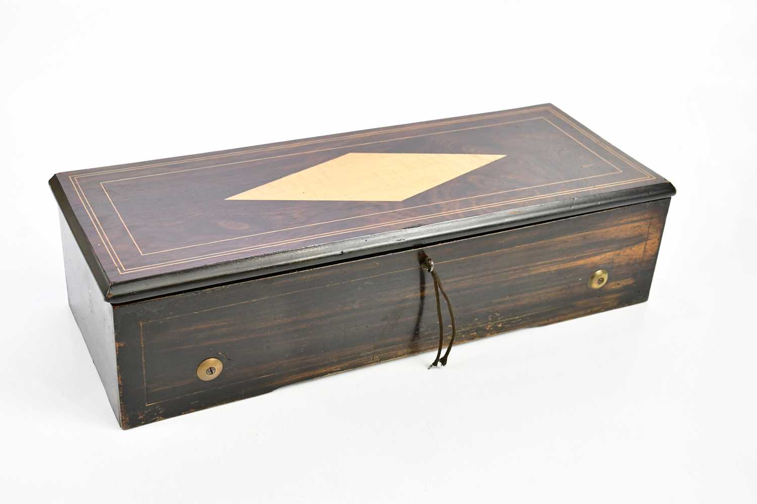 A late 19th century Swiss cylinder musical box in inlaid case, width 56.5cm. Condition Report: At - Image 6 of 6