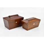 Two Victorian mahogany sarcophagus shaped tea caddies, the larger example with mother of pearl