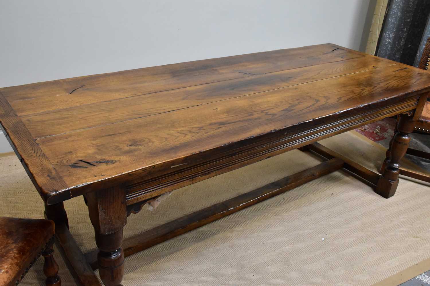 A reproduction oak refectory dining table on block legs, length 225cm, width 93cm, and six oak - Image 2 of 7