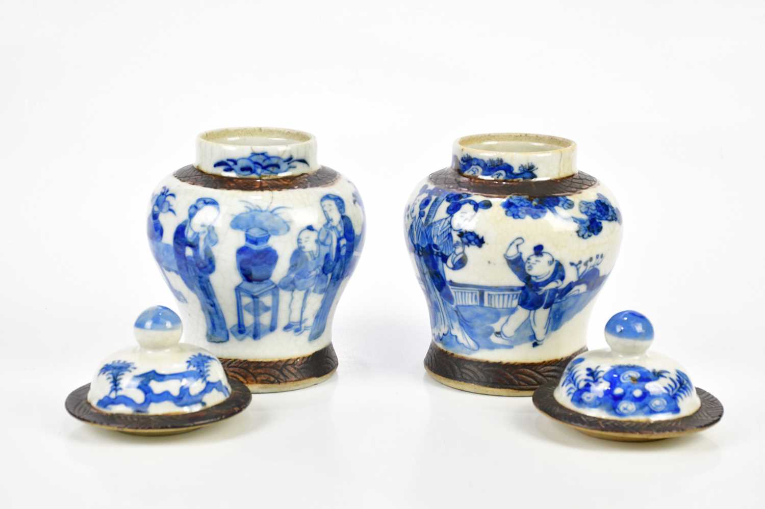 A pair of Chinese blue and white crackle glazed ginger jars and covers, with four character Kangxi - Image 2 of 13