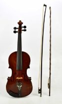 A full size violin, the 35.5cm two piece back stamped ‘Goulding’, in a case with two bows.