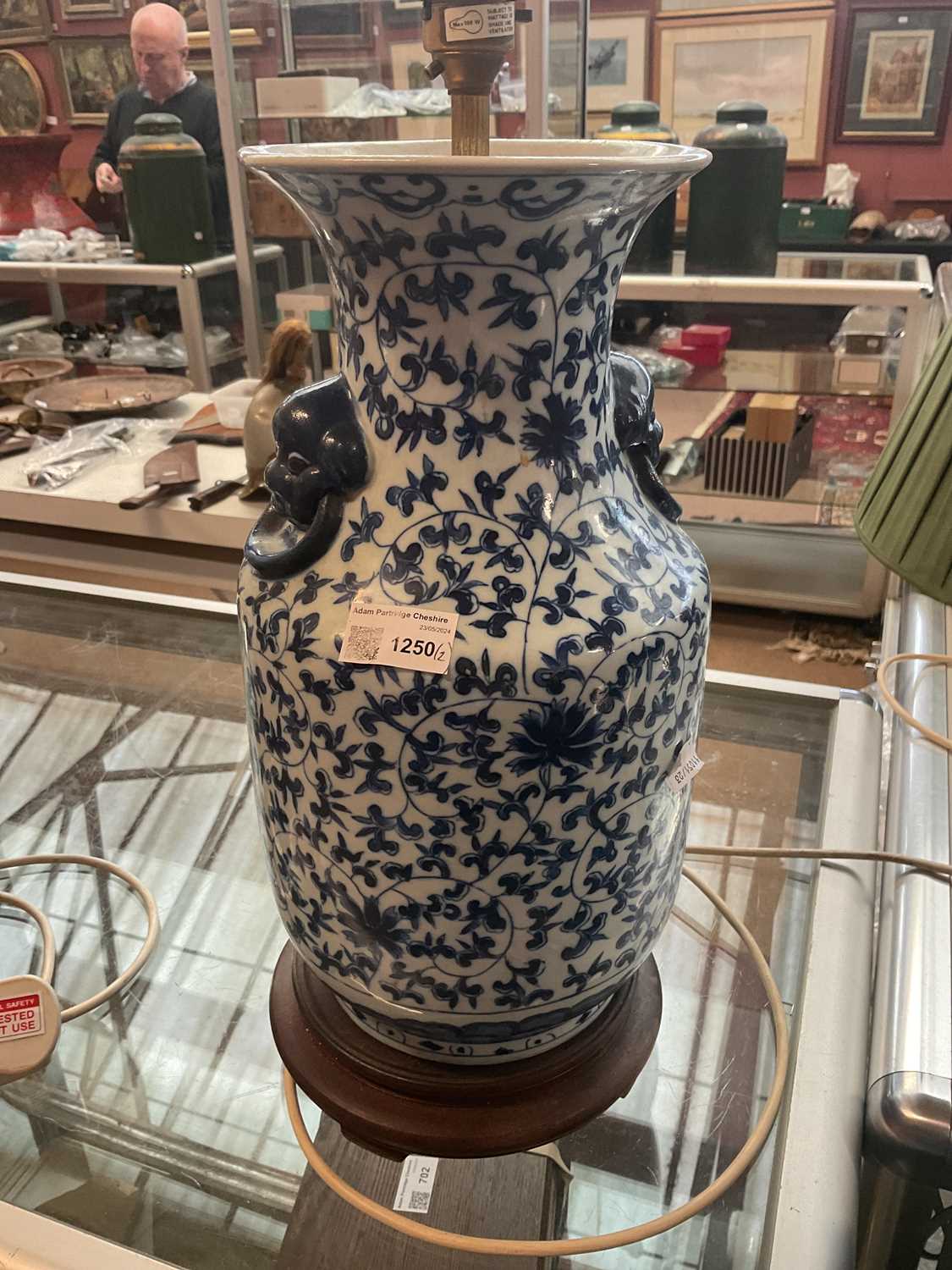 A Chinese blue and white vase, converted to a table lamp, on hardwood stand, height 39cm, with a - Image 4 of 6