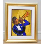 MARSHA HAMMEL; oil on gesso, 'In The Groove - 1937 Trumpet', signed, 60 x 45cm, framed and glazed.