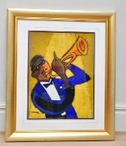 MARSHA HAMMEL; oil on gesso, 'In The Groove - 1937 Trumpet', signed, 60 x 45cm, framed and glazed.