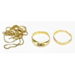 An 18ct yellow gold ring, approx. 3g, a 22ct yellow gold wedding band, approx. 1g, and a 9ct