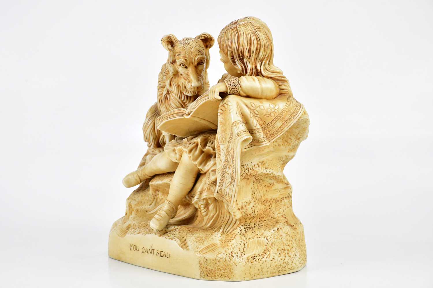 A late Victorian painted Parian figure of a girl beside a dog, 'You can't read', height 30cm. - Bild 2 aus 5