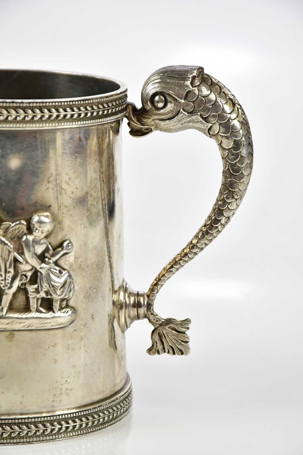 JOHN EMES; a George III hallmarked silver mug, with dolphin handle and cast borders within which - Image 4 of 6