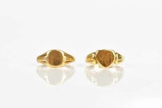 A lady's 9ct gold signet ring, approx size L, and a further gold signet ring (marks rubbed), size N,