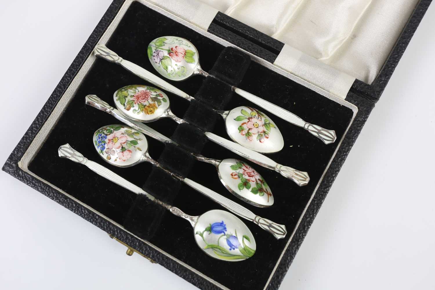 HENRY CLIFFORD DAVIS; a cased set of six George VI hallmarked silver and enamel teaspoons, - Image 3 of 3