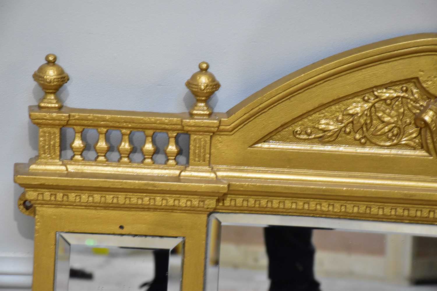 A gold painted cast iron overmantel mirror, with three bevelled plates, height 62cm, width 110cm. - Image 2 of 2