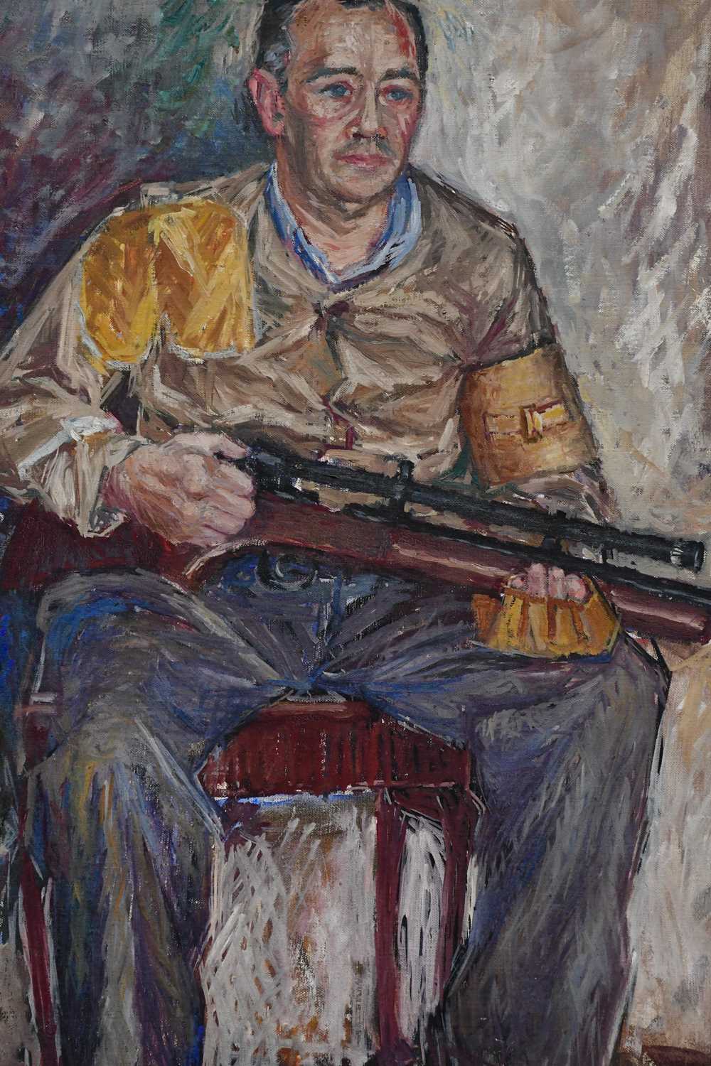 † JAN STEKELENBURG (1922-1977); oil on canvas, seated man with a gun, signed and dated 1949 lower - Image 3 of 4