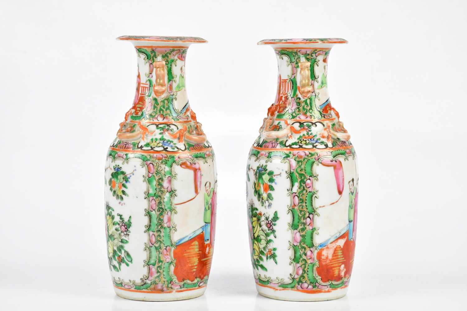 A pair of early 20th century Chinese Canton vases with moulded animal handles and climbing serpents, - Image 2 of 6