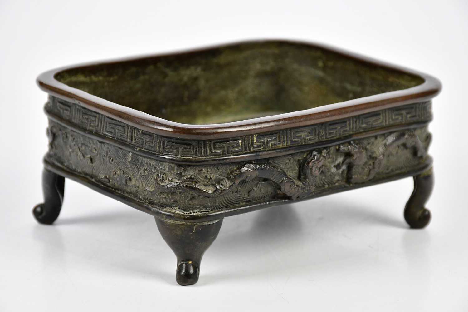 A late 19th century Japanese bronze bowl, with cast decoration of mythical beasts and Greek key - Image 2 of 7