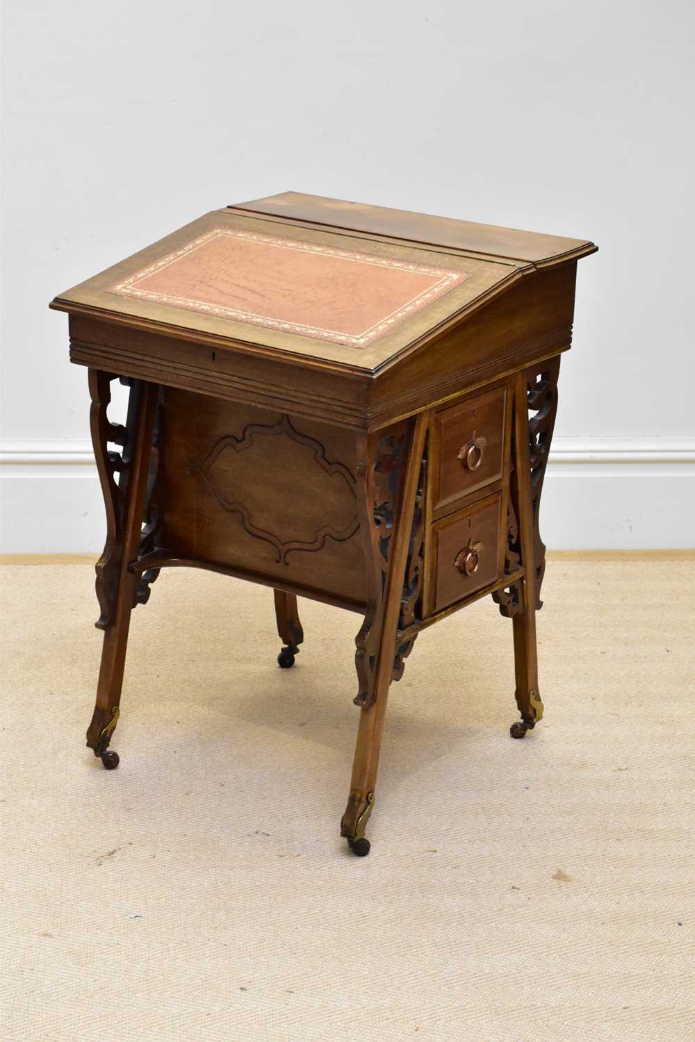 An Edwardian mahogany Davenport style desk, with two drawers and two faux drawers, with fitted