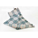 DERW; a Welsh woollen blanket, blue, green and pink geometric pattern, 222 x 190cm.