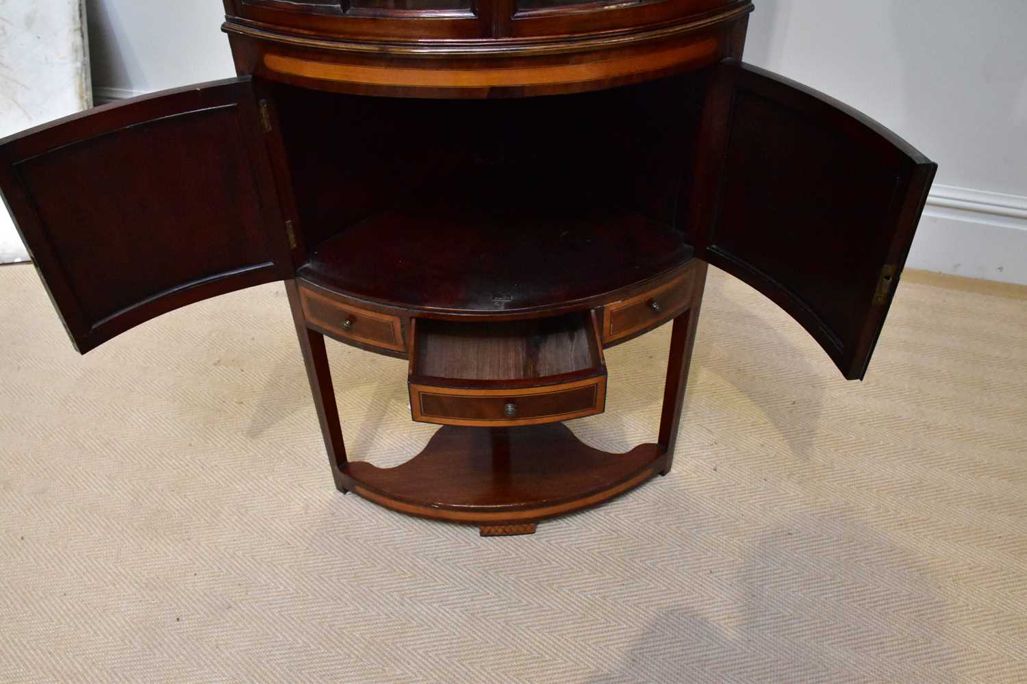 An Edwardian satinwood inlaid mahogany bowfront corner display cabinet, with two astragal glazed - Image 3 of 3