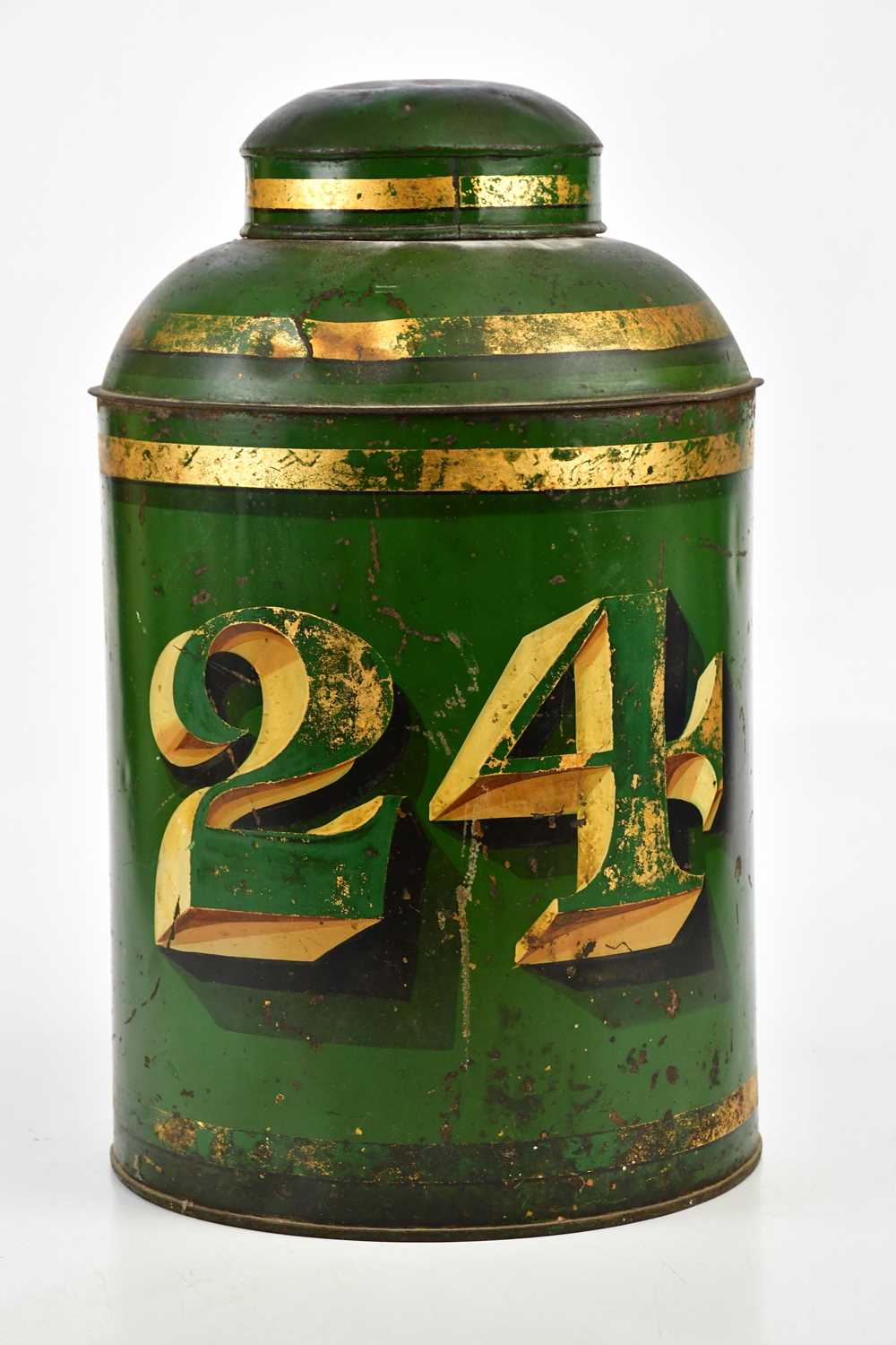 A Victorian green and gilt decorated tea canister, numbered 24, height 43cm.