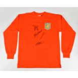 NETHERLANDS; a signed retro style football shirt, signed to the front by Cruyff, Rijkaard, Gullit