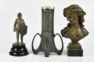 A modern Art Nouveau style bronze bust of a maiden, height 24cm, a WMF twin handled vase with relief