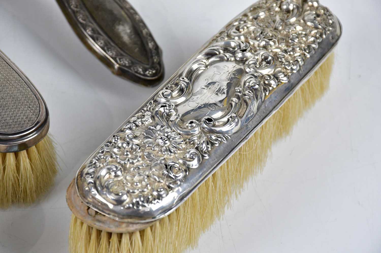 JOSEPH GLOSTER; a George V hallmarked silver brush with engine turned decoration, Birmingham 1934, - Image 3 of 4