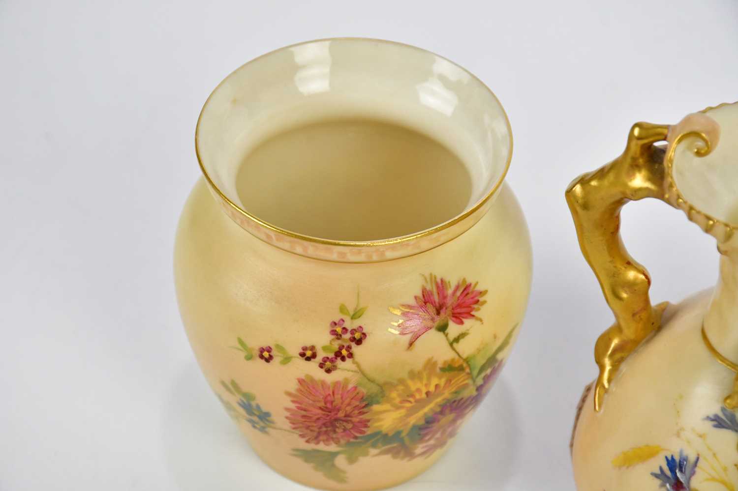 ROYAL WORCESTER; three pieces of blush ivory including a ewer with tree effect handle, numbered - Image 2 of 5