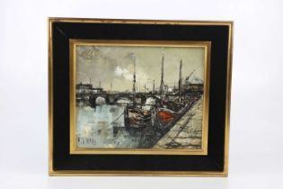 † M GIRARD; oil on canvas, harbour scene, signed lower left, 21 x 26cm, framed.