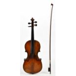 A full size German violin with two-piece back length 35cm, unlabelled, cased with a bow. Condition