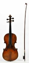 A full size German violin with two-piece back length 35cm, unlabelled, cased with a bow. Condition