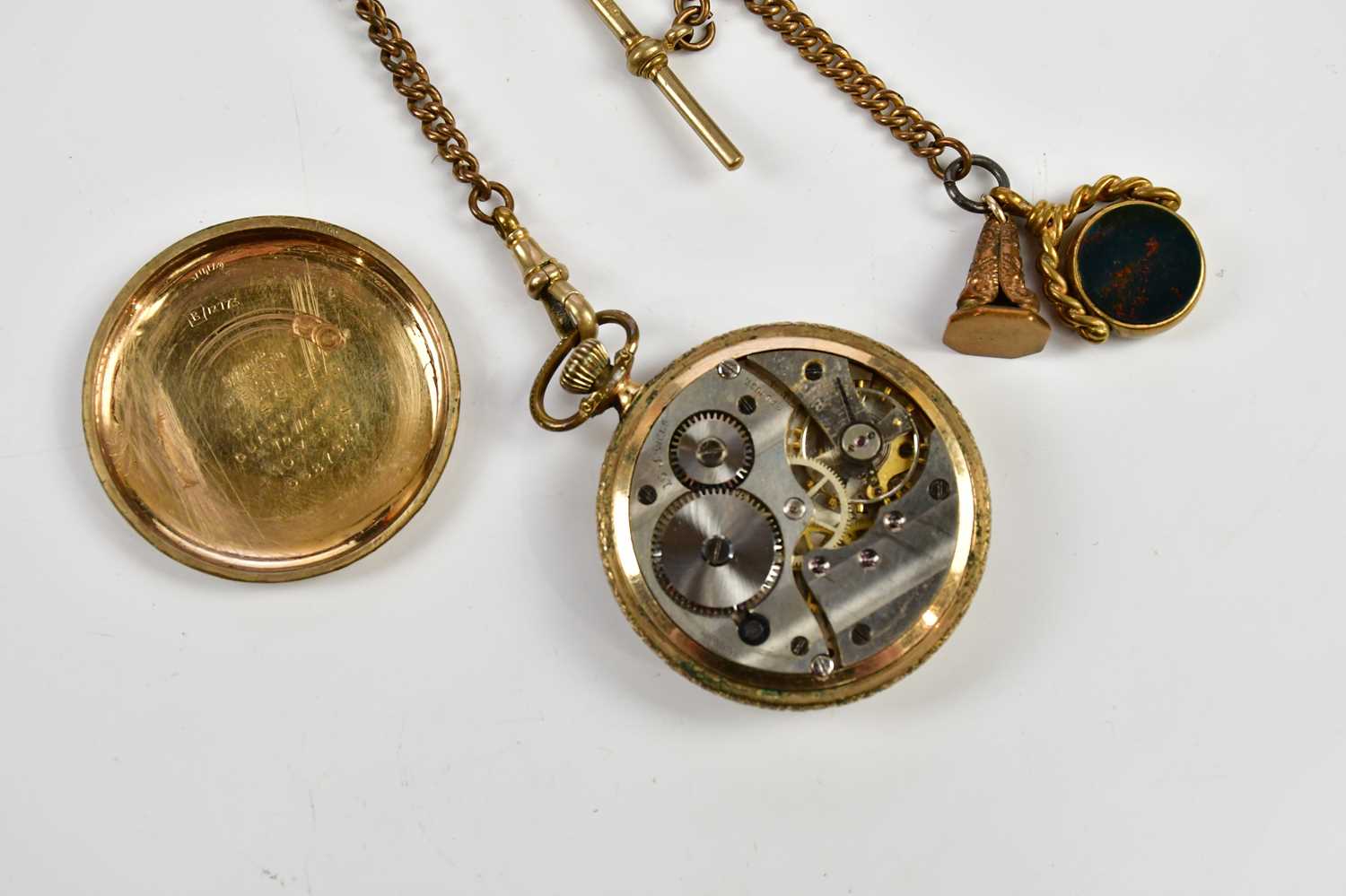 An American crown wind open face gold plated pocket watch, the dial set with Roman numerals and - Image 5 of 8