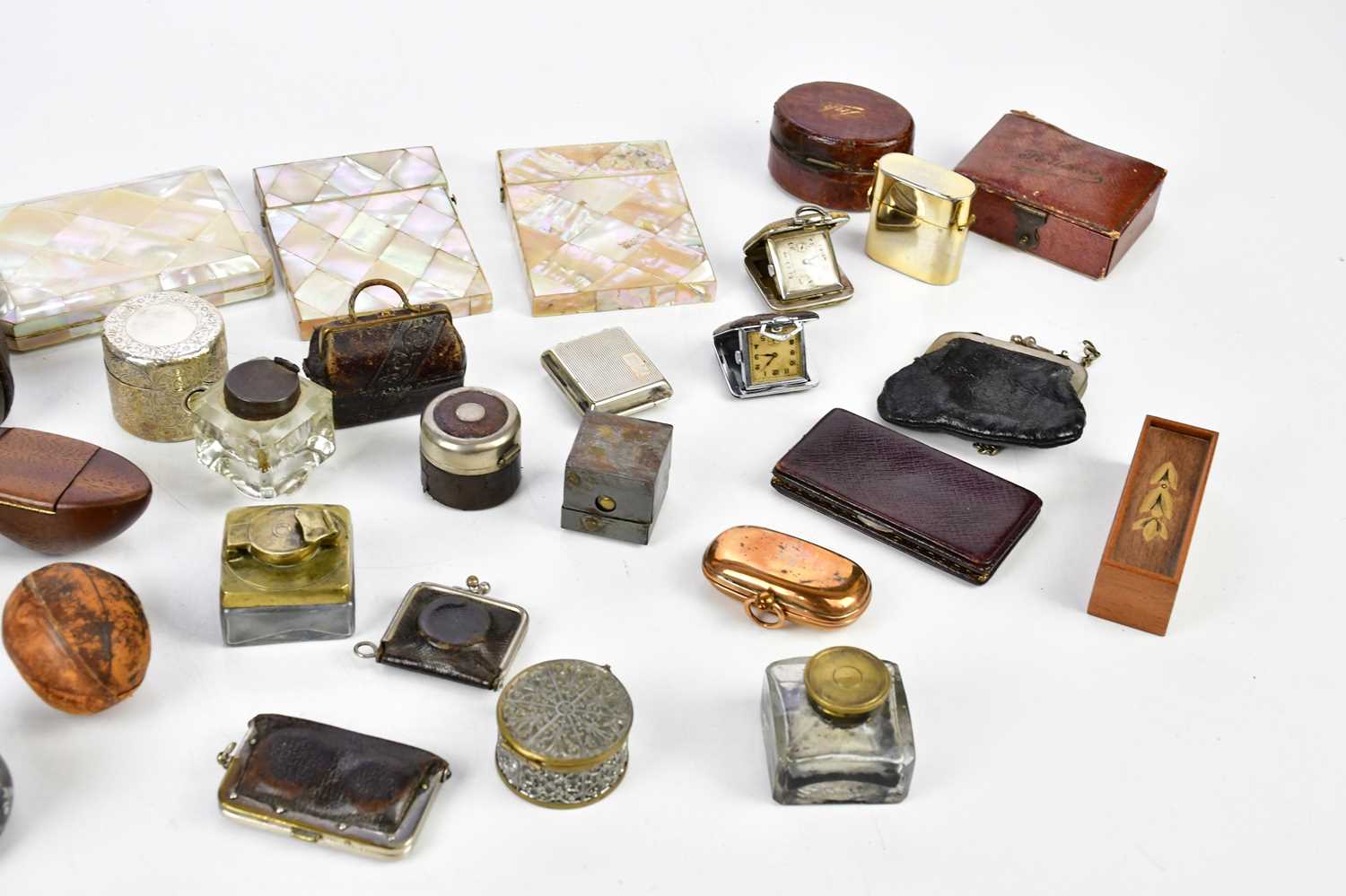 Three Victorian mother of pearl card cases, assorted inkwells including novelty examples, an example - Image 3 of 3