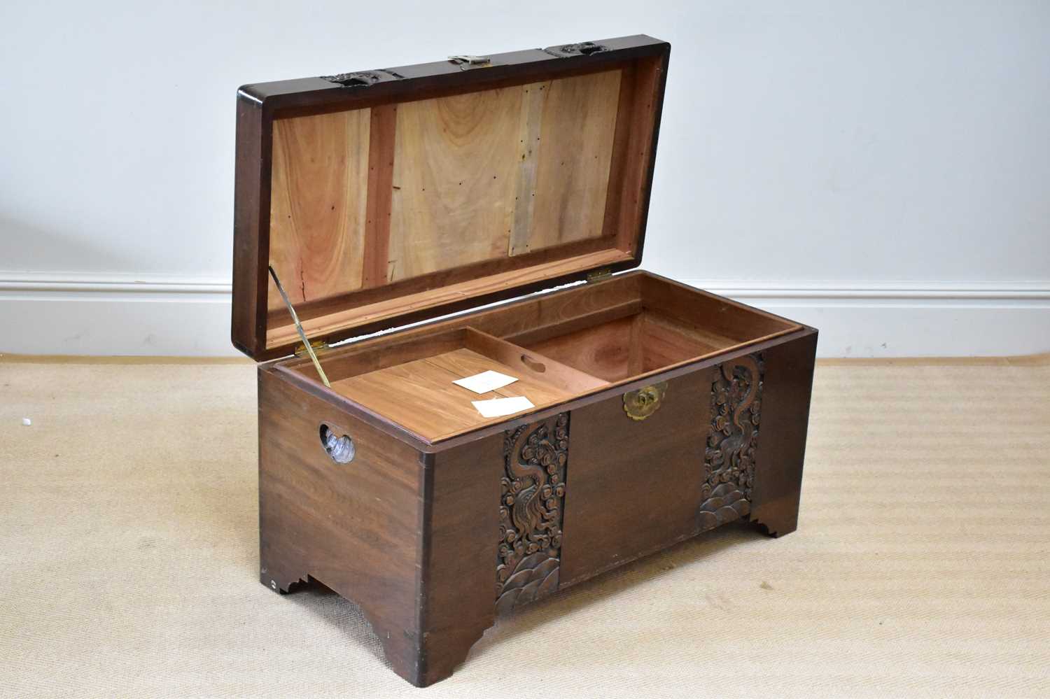 A Chinese carved camphor wood blanket box, height 53cm, width 101cm. - Image 2 of 4