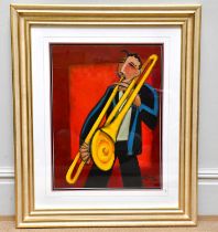 MARSHA HAMMEL; oil on gesso, 'Samba - Trombone', signed, 60 x 44cm, framed and glazed. Provenance: