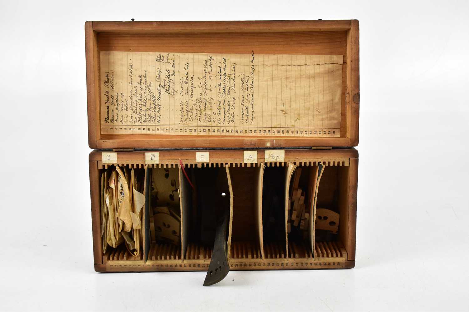 A pine box containing various violin parts, with original label to the interior. - Image 2 of 7