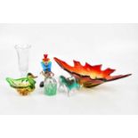 A collection of art glass comprising bowl, centrepiece, candle, duck bowl, clown and a cut glass