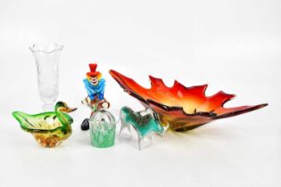 A collection of art glass comprising bowl, centrepiece, candle, duck bowl, clown and a cut glass