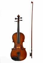 A three-quarter size German violin with two-piece back length 33.5cm, cased with a bow.