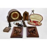 A mixed group of collectors' items to include an oak cased mantel clock, two African carved figures,